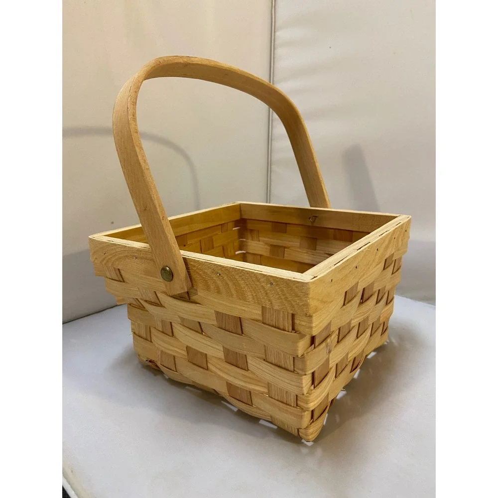 Woven Wood Basket Unisex OS Tan Square Splint Swing Handle Decor Farmhouse